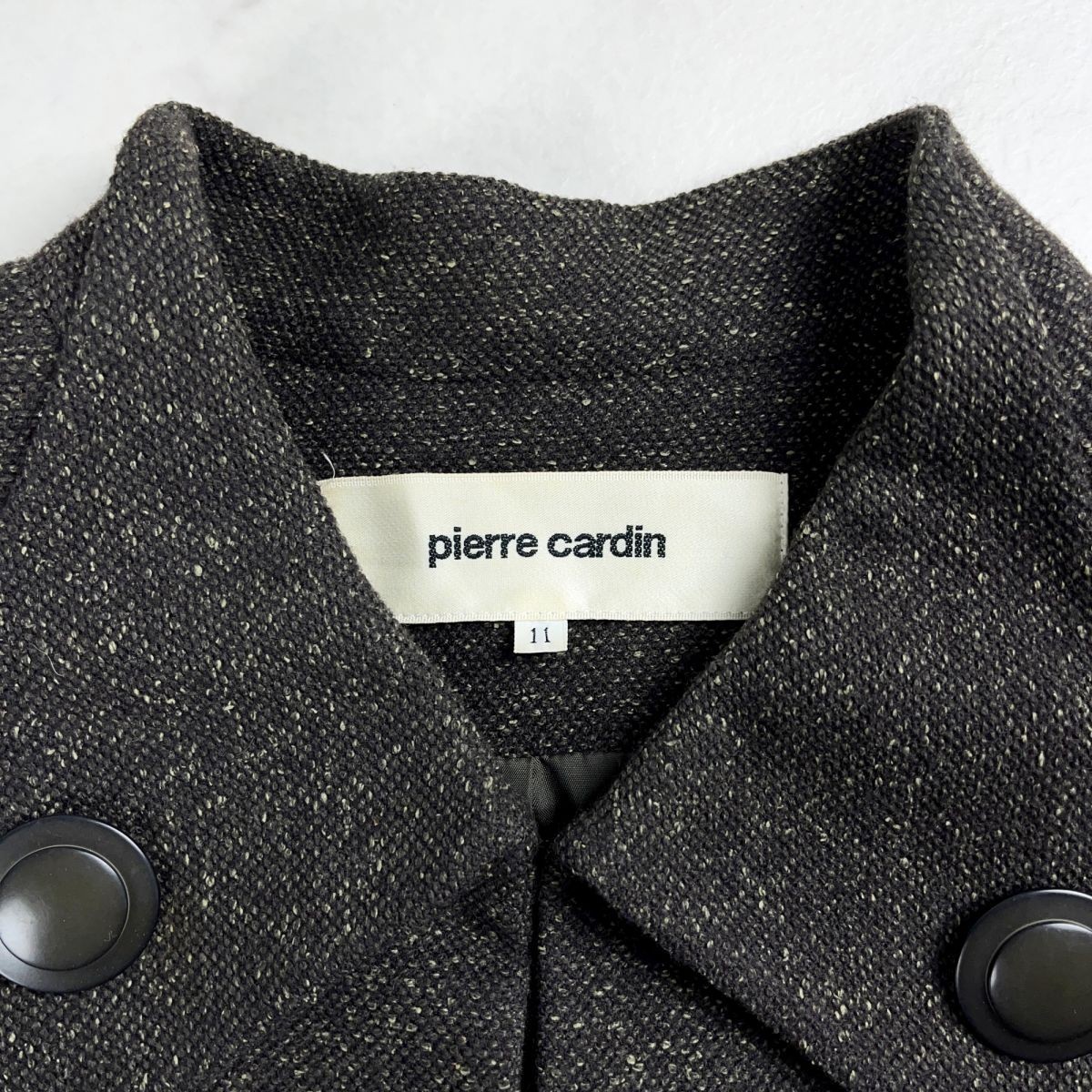 美品 pierre cardin ピエールカルダン シルク混 フロントホック モザイク柄 ウールジャケット レディース ダークグレー サイズ11*JC276の画像5