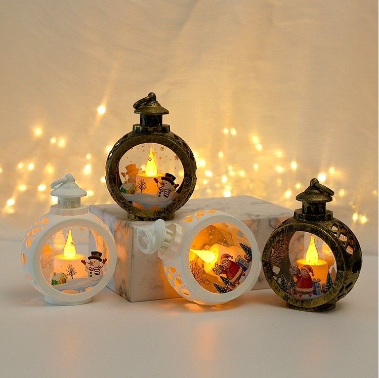 サンタ柄★ランタンブロンズ　クリスマス　LEDライト　電池付き　置物　雑貨　装飾　ライト　