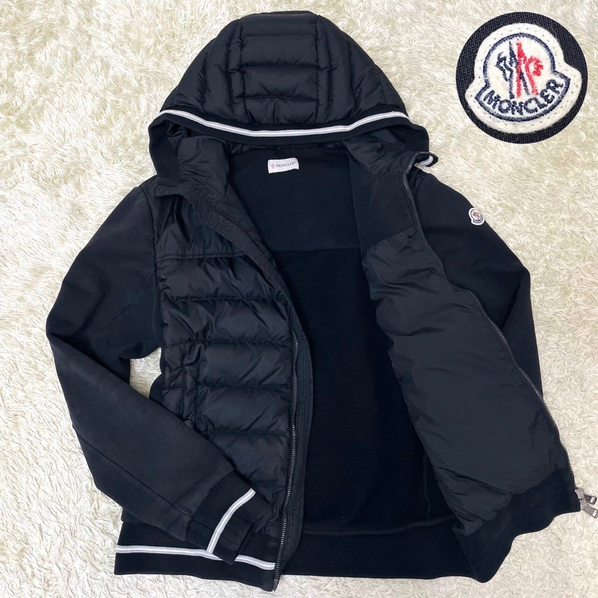 超希少!! モンクレール MONCLER MAGLIA ダウンジャケット パーカー スウェット フード 切替 ライン キルティング ナイロン ブラック 黒 S_画像1