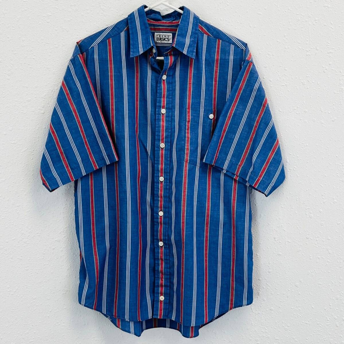 Vintage Mens M Trend Basics Shirt Blue Red Stripe Short Sleeve