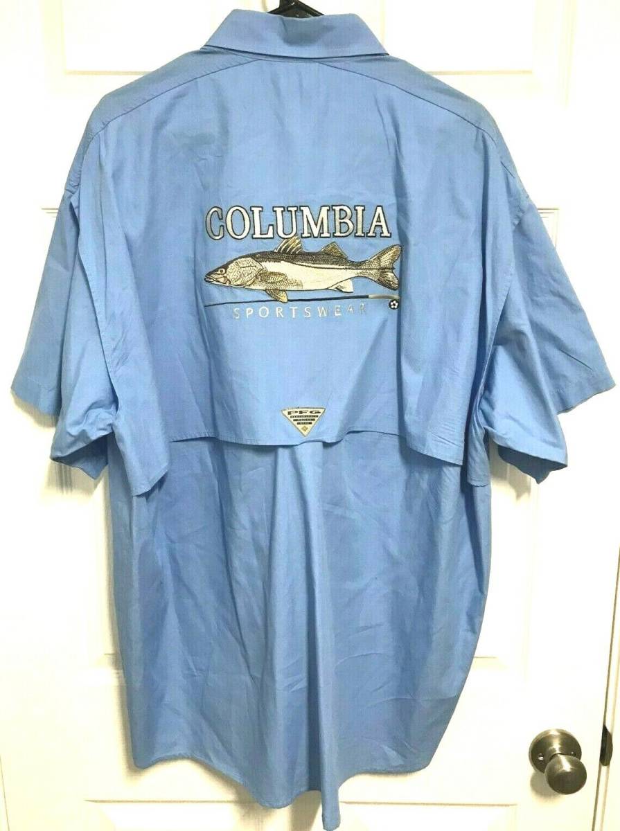 COLUMBIA Sportswear Men Light Blue Button Up S/S Vented Fishing PFG Shirt XL 海外 即決