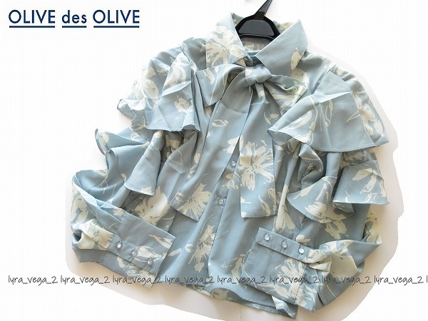 ●新品OLIVE des OLIVE 花柄ボウタイフリル袖ブラウス/BL/オリーブデオリーブ●_画像1