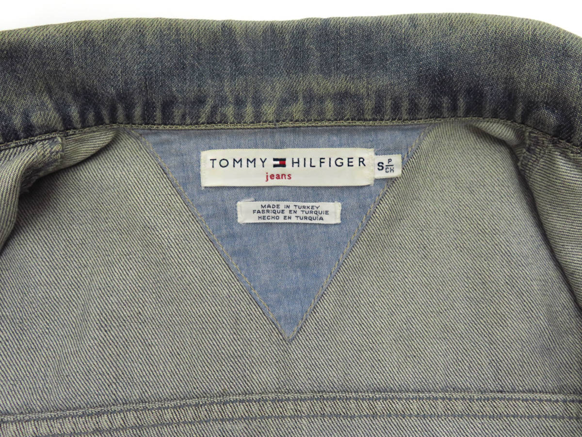 13082 美品 TOMMY HILFIGER トミーヒルフィガー ヴィンテージ ウォッシュ 汚し加工 ショート丈 デニム ジャケット Gジャン S インディゴ 青_画像6