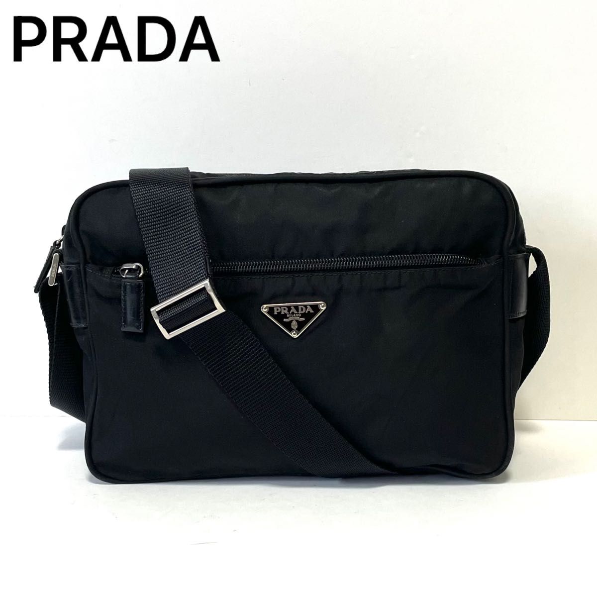 【良品】PRADA プラダ ショルダーバッグ カメラバッグ ナイロン×レザー 三角ロゴ 白タグ 黒 ブラック レディース メンズ