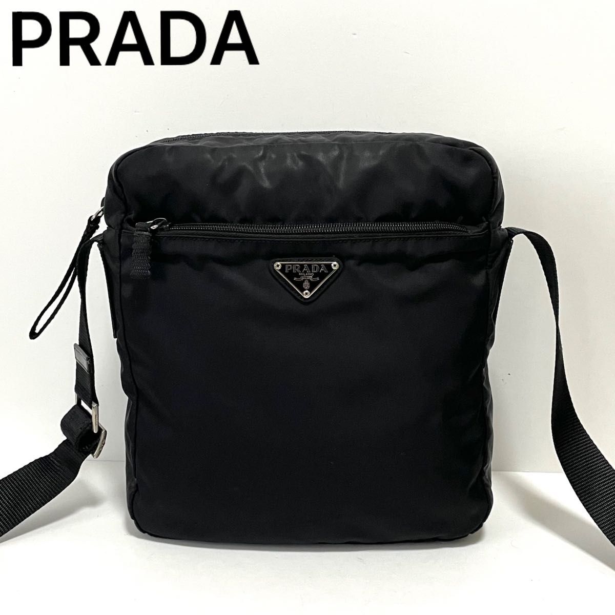 【良品】PRADA プラダ ショルダーバッグ ナイロン×レザー スクエア型 三角ロゴ 白タグ 黒 ブラック メンズ レディース