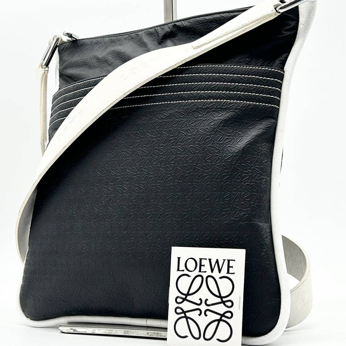 1円●高級●LOEWE ロエベ ショルダーバッグ メッセンジャー サコッシュ リピート アナグラム 総柄 斜め掛け可 レザー PVC メンズ ブラック_画像1