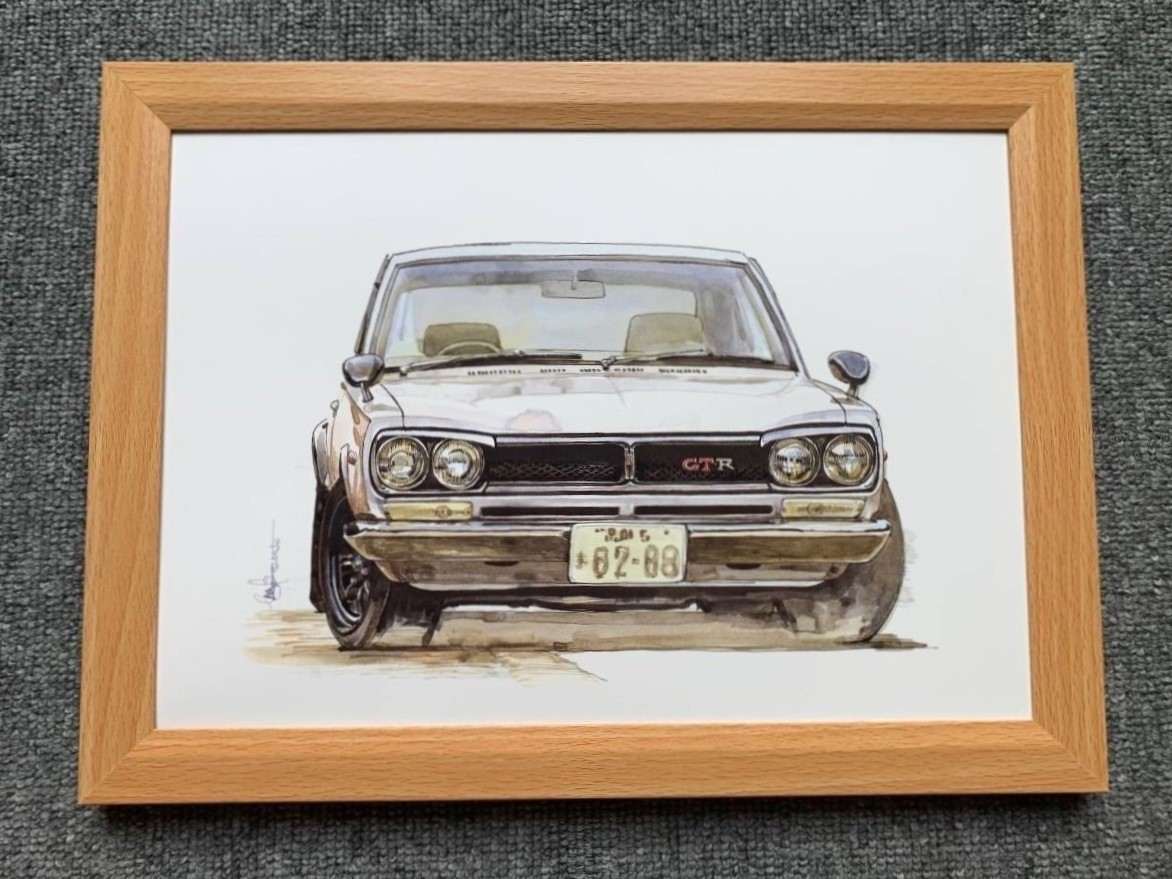 ■BOW。池田和弘『Nissan Skyline GT-R』B5サイズ 額入り 貴重イラスト 印刷物 ポスター風デザイン 額装品 アートフレーム 旧車_画像1