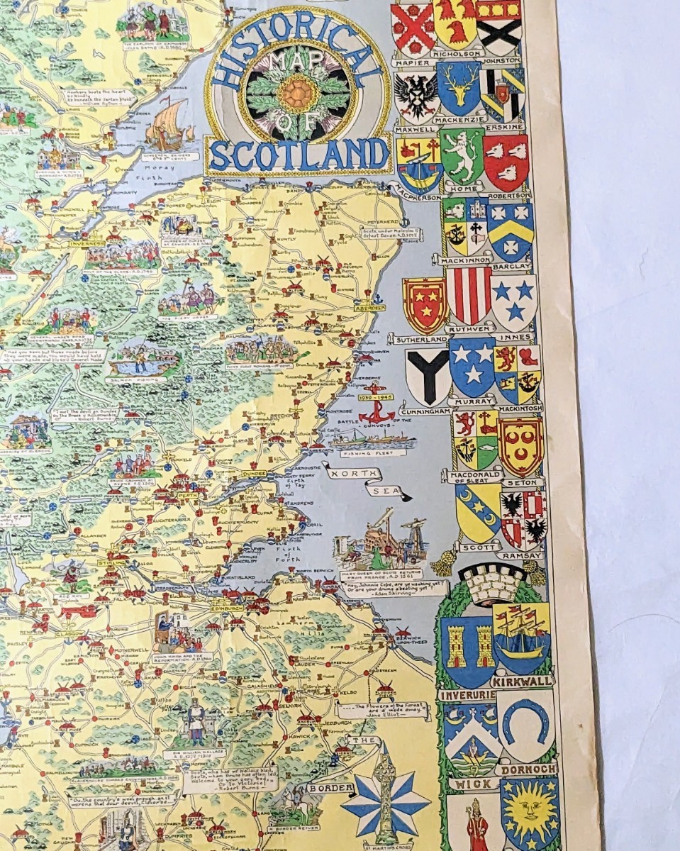希少品 レア HISTORICAL MAP OF SCOTLAND スコットランド 地図 特大ポスター 100cm×70cm ヴィンテージ アンティーク 当時物_画像9