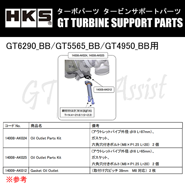 HKS GTタービン サポートパーツ GT6290_BB/GT5565_BB/GT4950_BB用 OIL OUTLET PARTS KIT パイプ外形:φ16 M8×1.25 W=38 14008-AK025_画像1