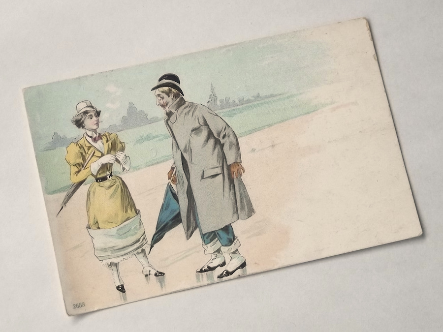  war front picture postcard abroad illustration smoke .... woman . coat . umbrella . hold one-side glasses. man France? picture color .. ten thousand country mail ream .UPU antique foreign 