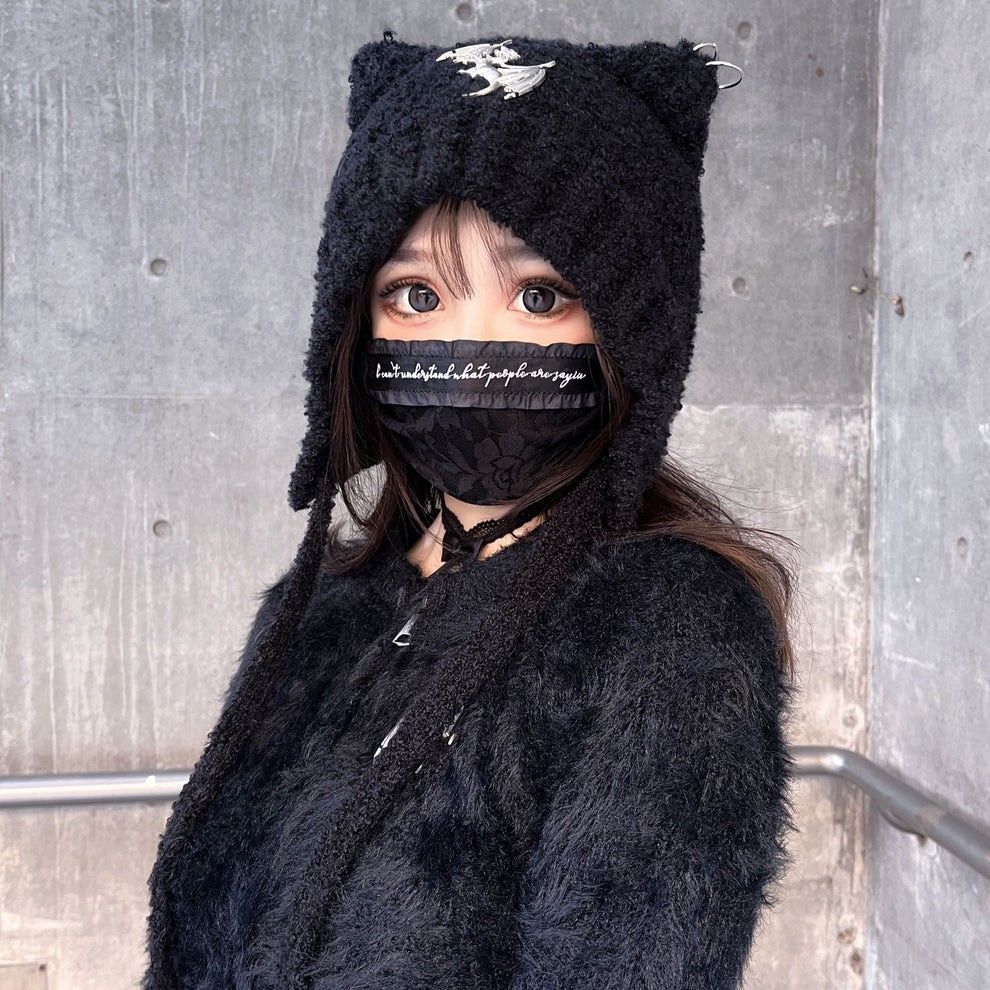 猫耳ドラゴン ニット帽子 ブラック Y2K サブカル 帽子 耳当て 猫耳ドラゴン ニット帽子 ブラック Y2K サブカル 帽子 耳当て
