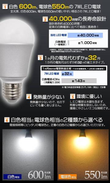 【新品】LED電球 消電7W 口金E26 26mm 26口金 白色相当 600lm_画像2
