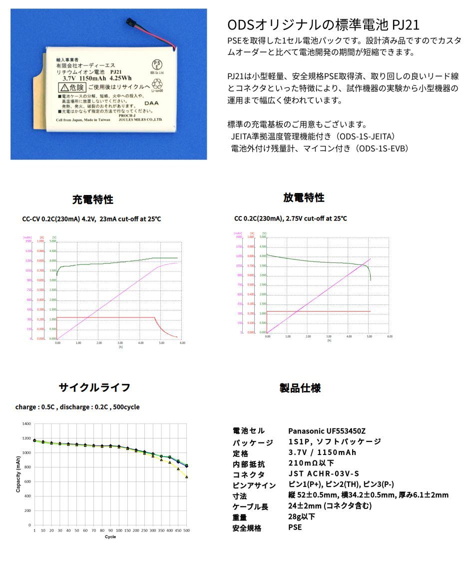 ODS PJ21 リチウムイオン電池 (3.7V/1100mAh/電池セル:Panasonic UF553450Z) [管理:KH607]_画像3