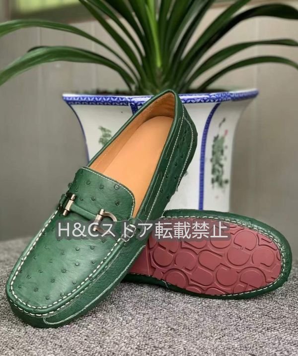  ostrich leather Ostrich leather metal fittings attaching men's casual shoes slip-on leather shoes Loafer slip-on shoes light weight super comfortable green 