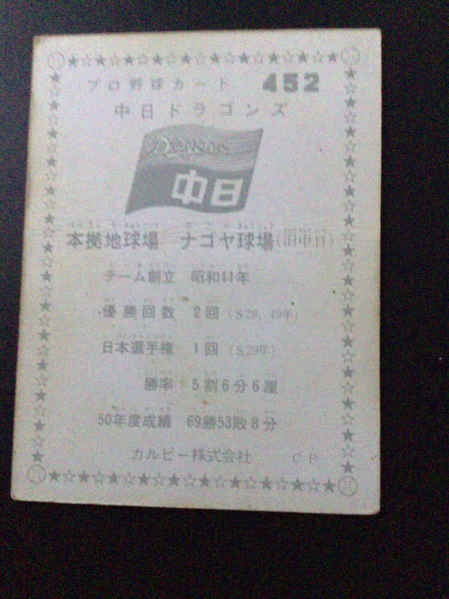 カルビー プロ野球カード 76年 No452 中日ドラゴンズ 与那嶺要 星野仙一 木俣達彦 高木守道 田尾安志 谷沢健一 _画像2