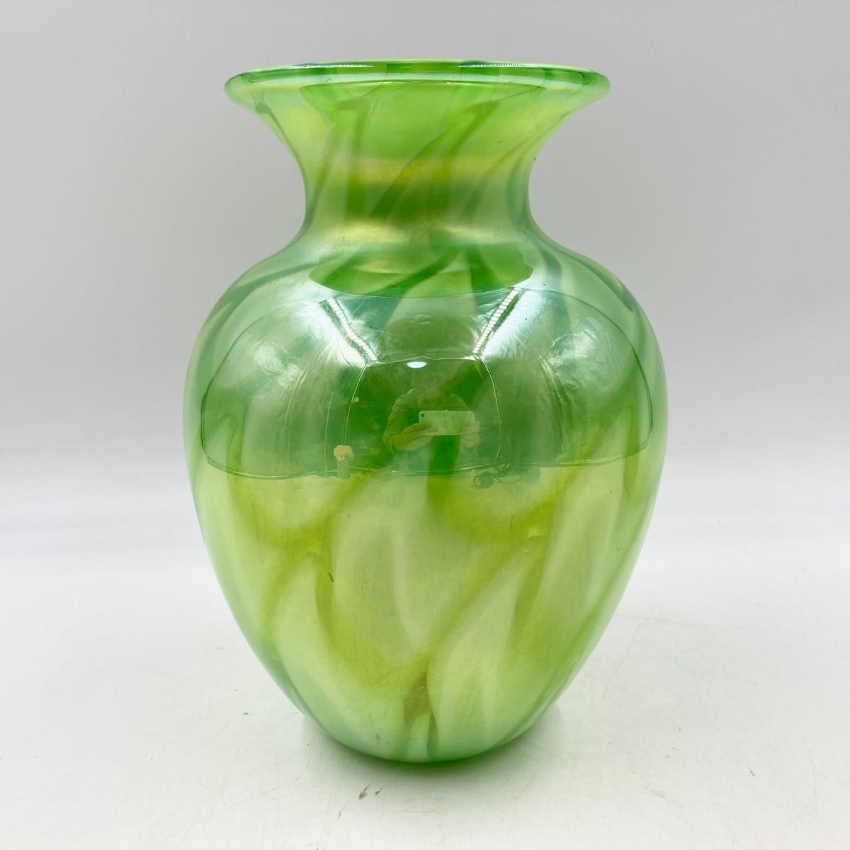 カメイガラス 花瓶 花器 フラワーベース グリーン ガラス 昭和レトロ