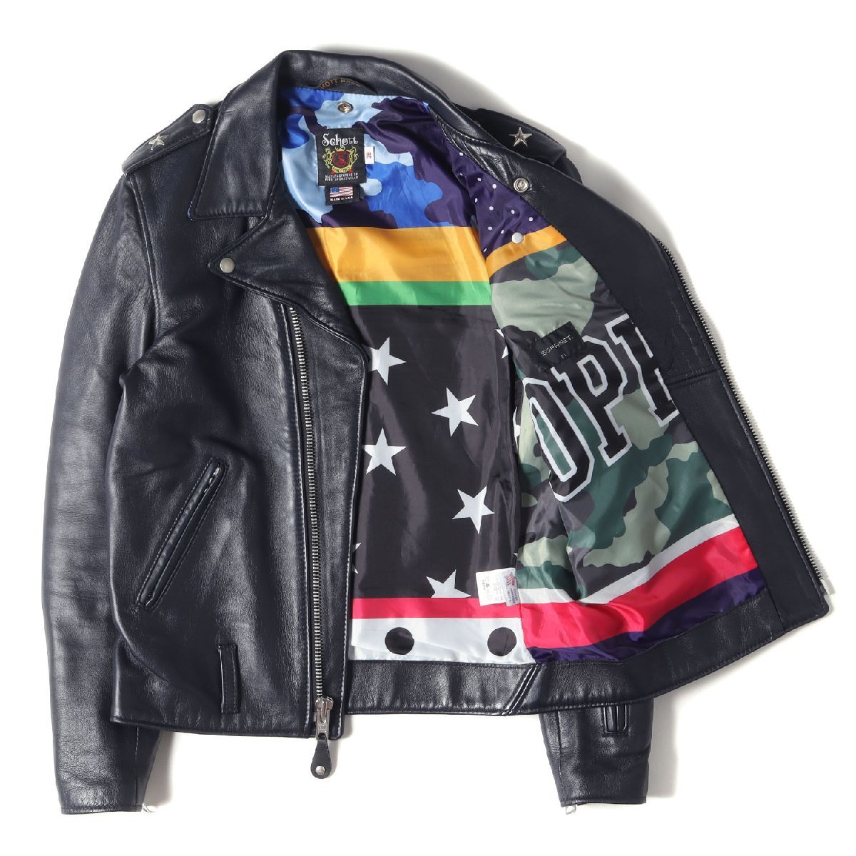 SOPHNET ソフネット Schott ラムレザー ワンスター ダブル ライダース ジャケット ONESTAR RIDERS JACKET 16SS ネイビー 38(M)_画像3