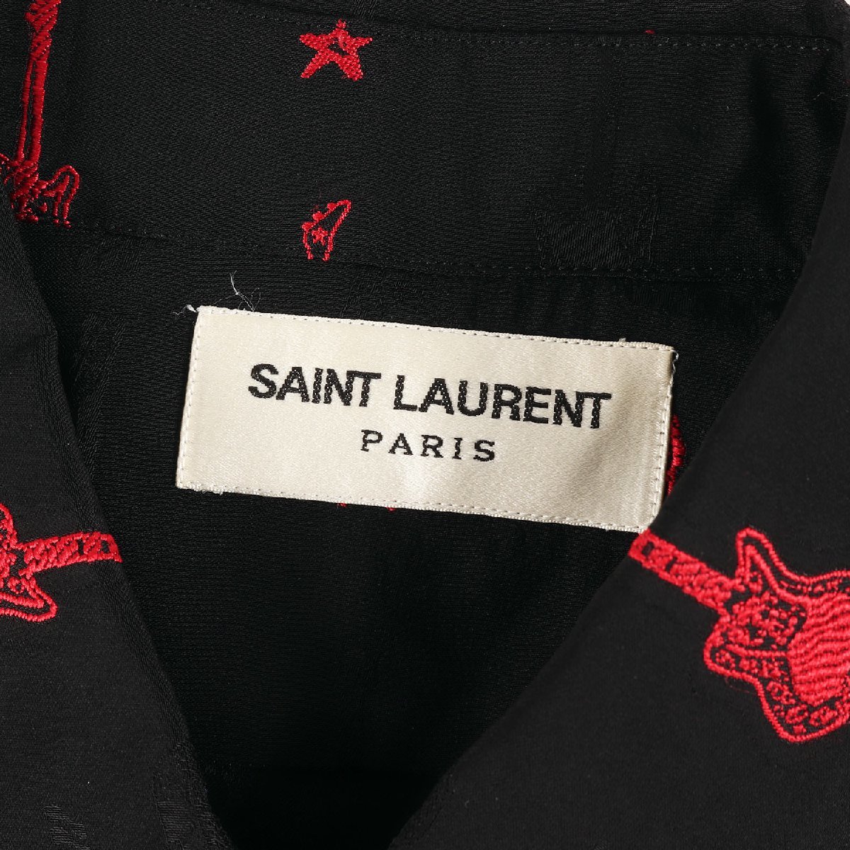 SAINT LAURENT PARIS サンローラン パリ シャツ サイズ:14 1/2(37) ギター 総柄 刺繍 シルク レーヨン 長袖 シャツ 15AW ブラック_画像3