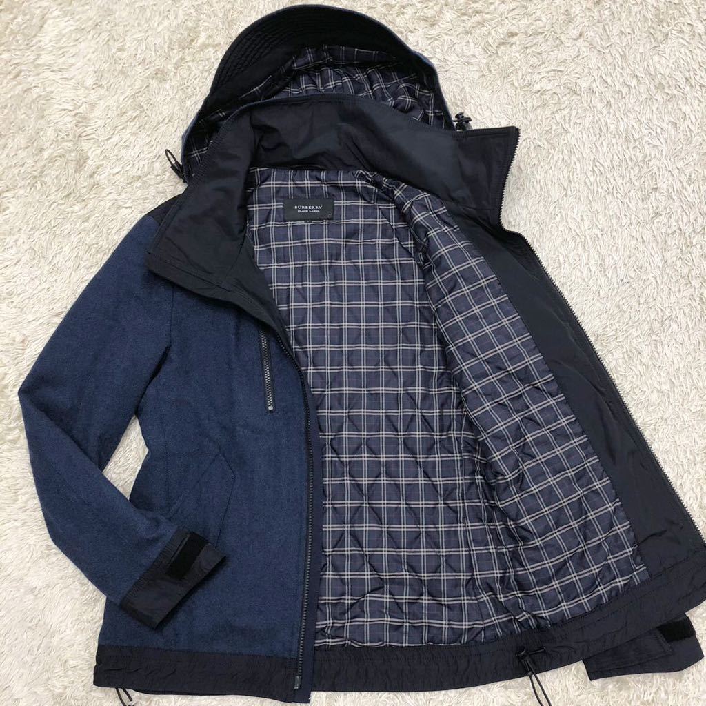 希少L!バーバリーブラックレーベル BURBERRY BLACK LABEL ウールジャケット ノバチェック キルティング裏地 2way フード着脱可 ブルー 中綿_画像1