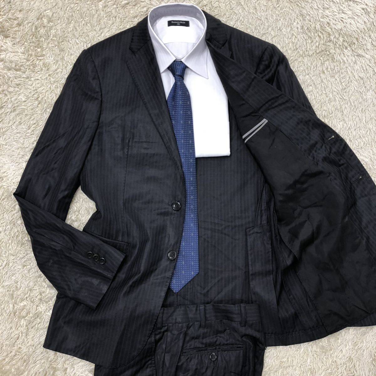マッケンジー 美品 ストライプ 上質ウール100% スーツ セットアップ 黒-