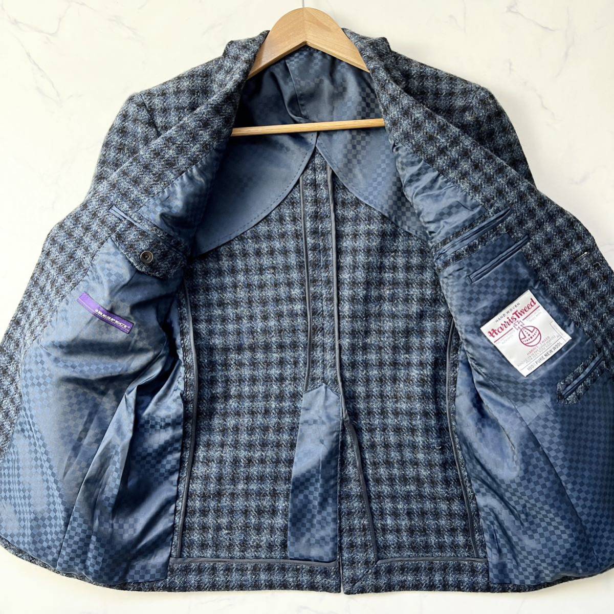 C37 RESPECT〈ハリスツイード生地〉テーラードジャケット チェック柄 ウール ネイビー 94AB4 S Harris Tweed リスペクト_画像3