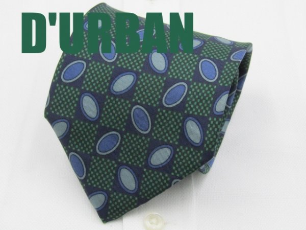 OA 972 ダーバン D`URBAN ネクタイ 緑 青色系 ジオメトリック 格子柄 プリント_画像1