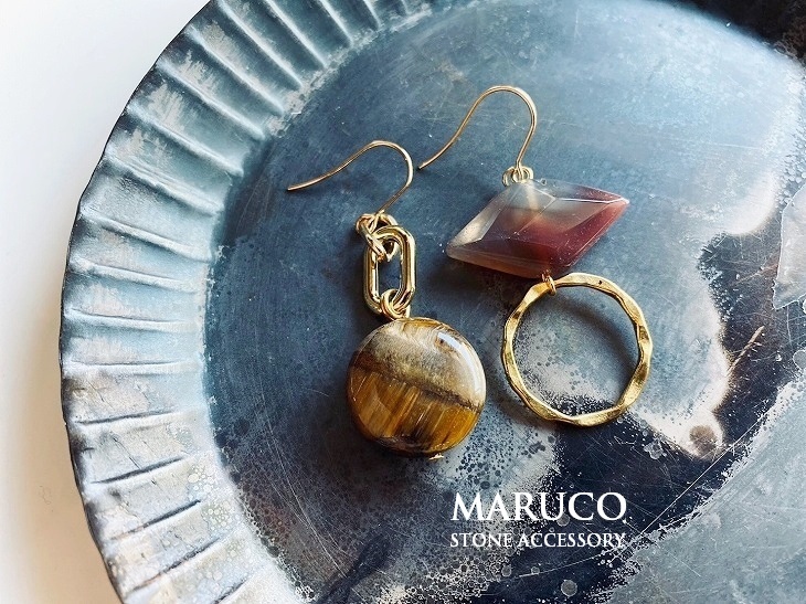 △MARUCO△PP380-900タイガーアイ&AGATE asymmetry*天然石ピアス ステンレススチール【送料無料】*イヤリング+100円 樹脂ピアス+50円*　　_画像1