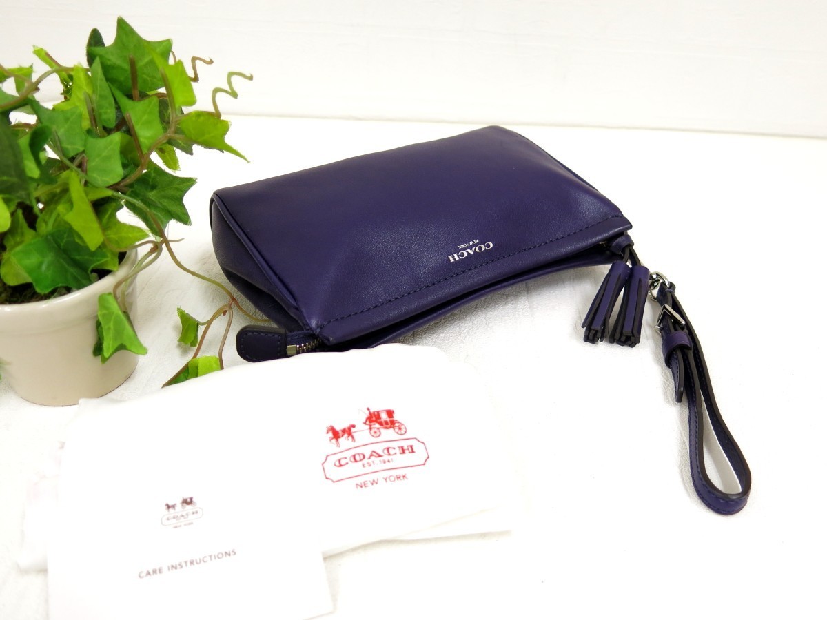 COACH コーチ◆カーフ レザー 本革◆ポーチ クラッチ バッグ◆パープル シルバー金具◆超美品◆タッセル◆N6127_画像2