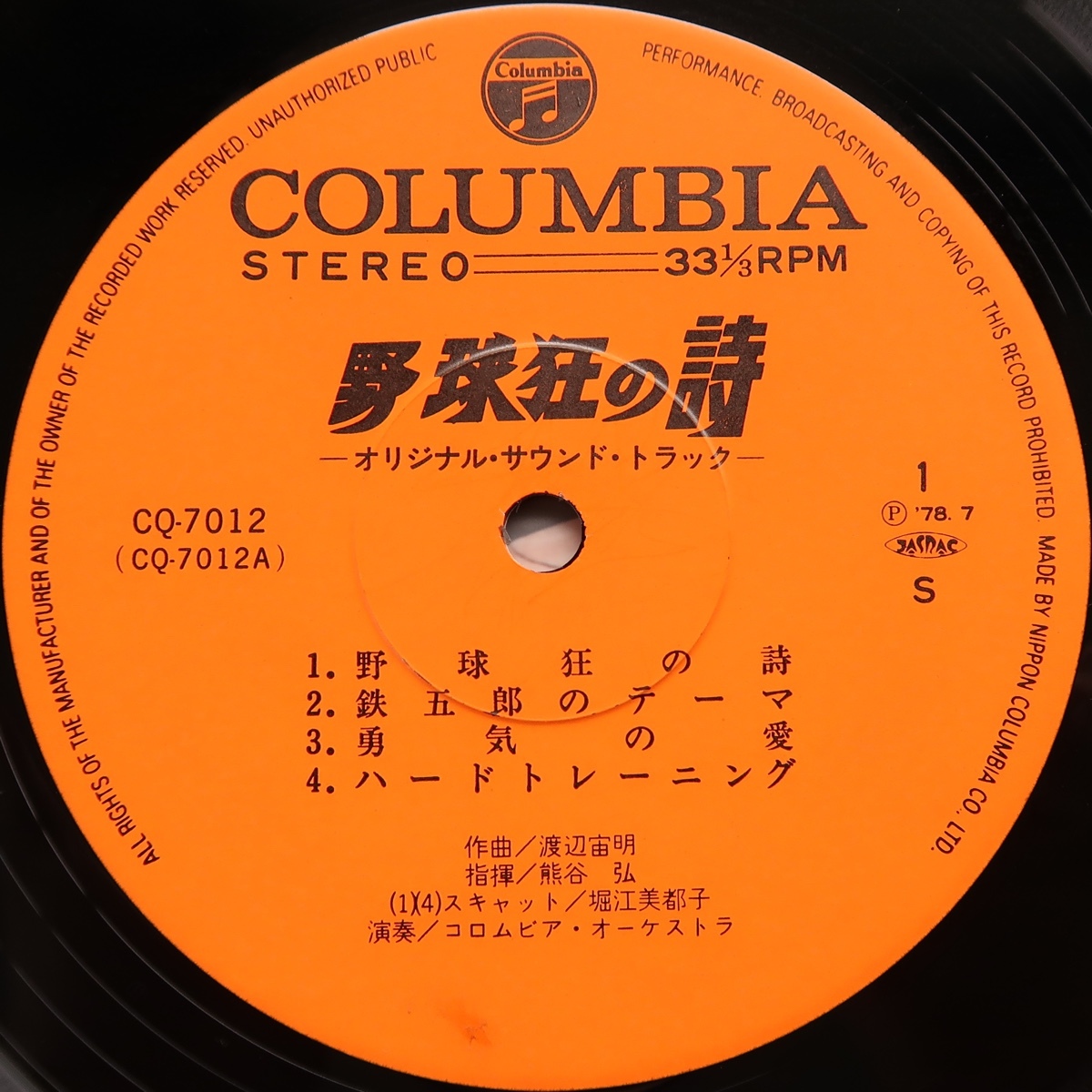 LP OST サントラ 野球狂の詩 堀江美都子 CQ-7012 水島新司 歌詞カード欠品_画像4