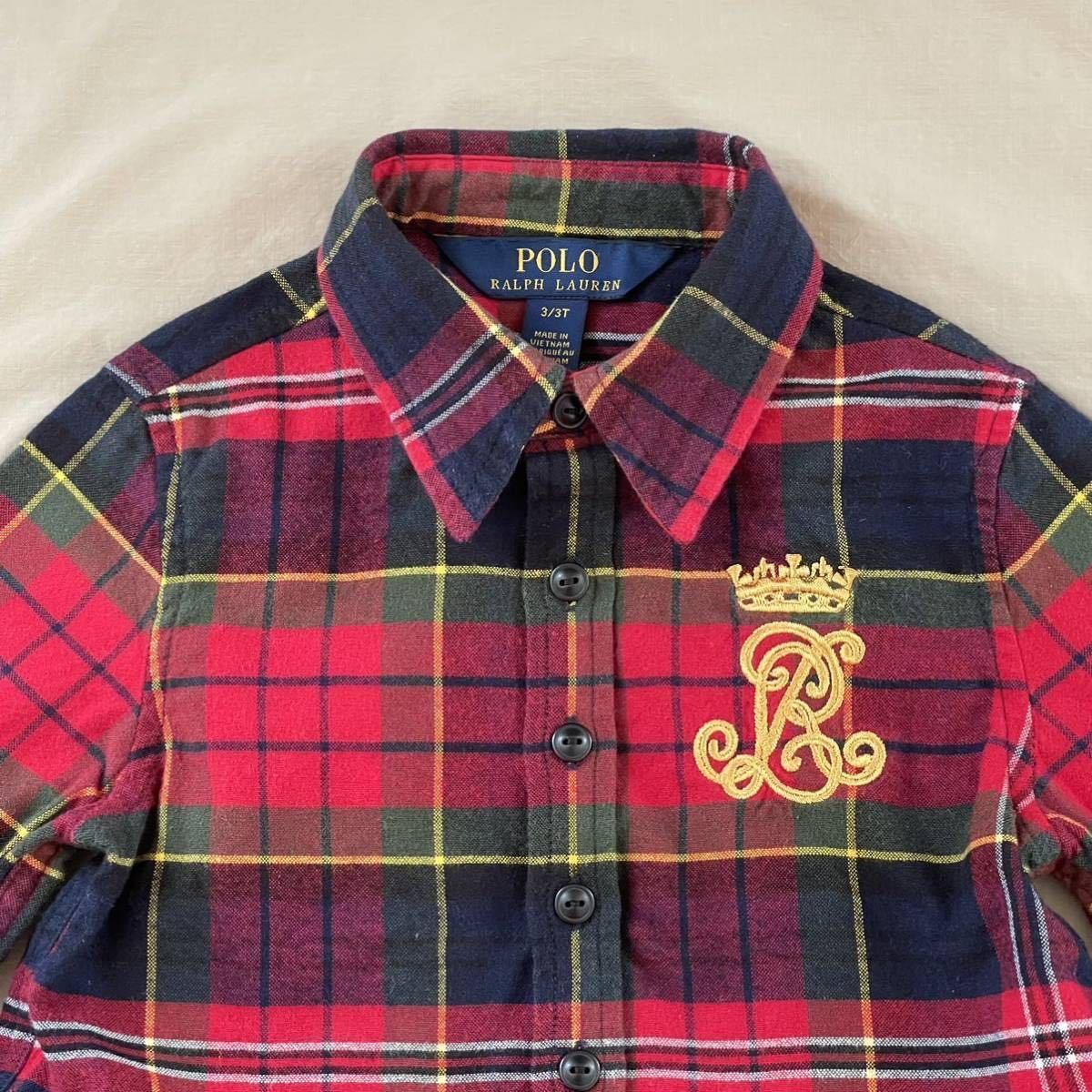 超美品 Ralph Lauren(ラルフローレン)長袖 フランネル シャツ 100cm(3/3T)レッド チェック キッズ 秋冬 3歳 使用3回 防寒 アウトドア_前側