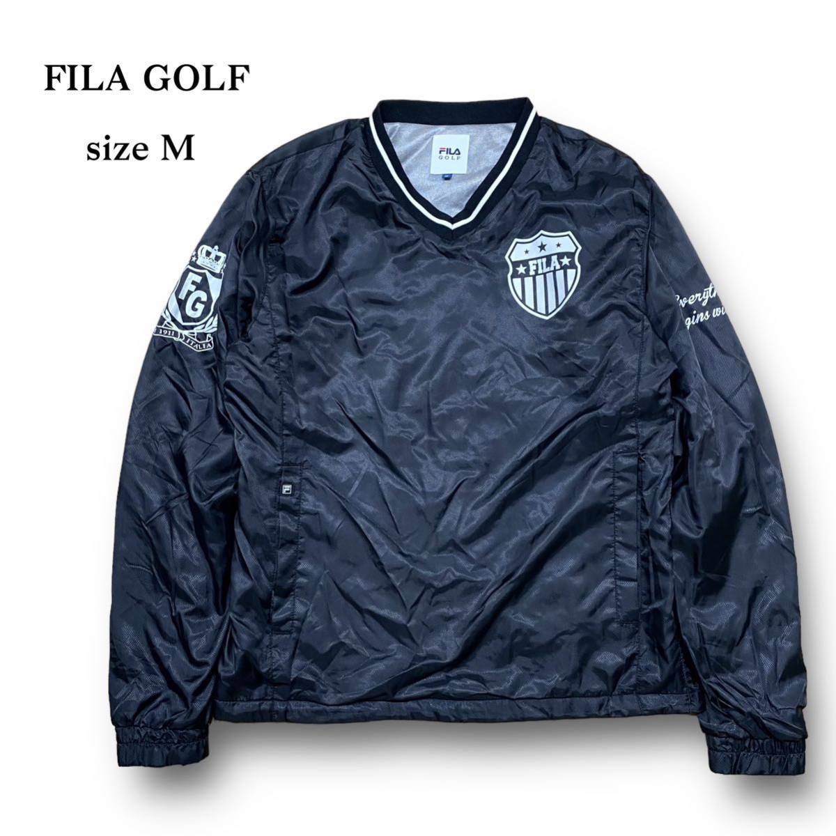 FILA GOLF フィラ ゴルフ Vネック 中綿 プルオーバー ジャケット ブルゾン 防寒 黒 ブラック プリント ドローコード付き メンズ ウェア M_画像1