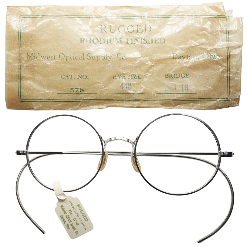 当時USマニアックメーカー製のデイリー向け個体1930-40s USA製デッド Midwest Optical ロジウムフィニッシュ RUGGED ROUND 丸眼鏡size44/18