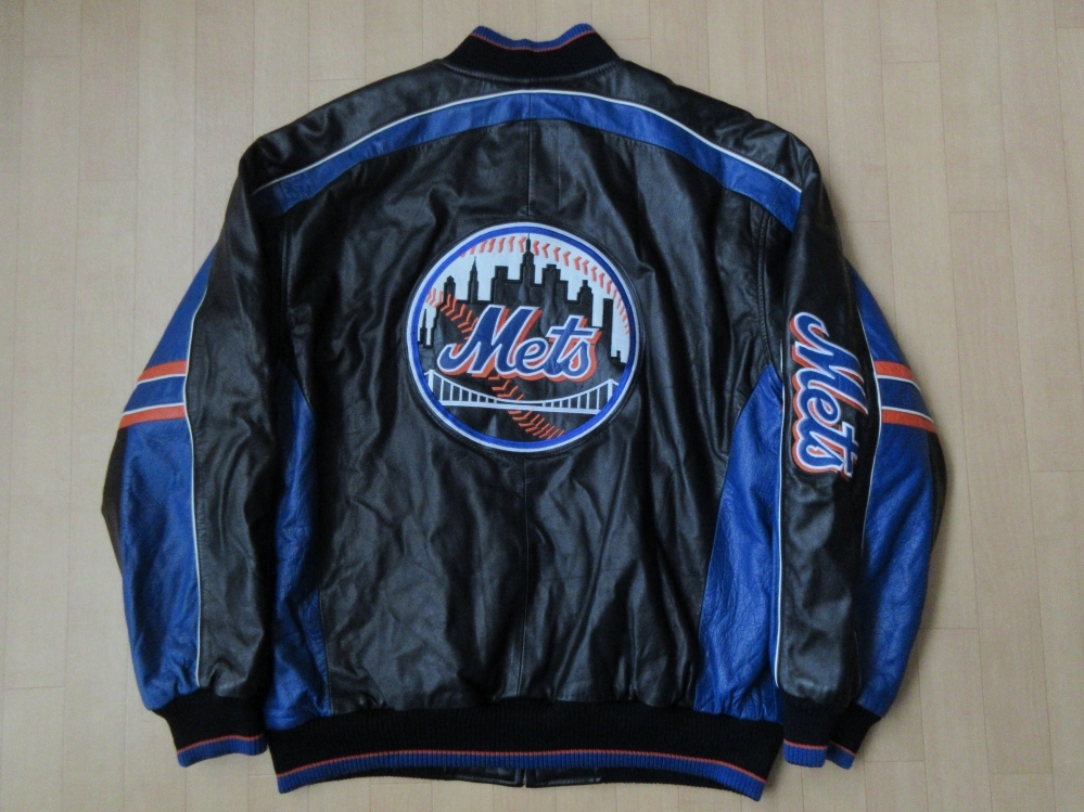 90's ニューヨーク メッツ G-III 刺繍 オール レザー スタジャン M 黒New York Mets本革 スタジアム ジャケット  ブルゾンNY野茂英雄MLB袖革