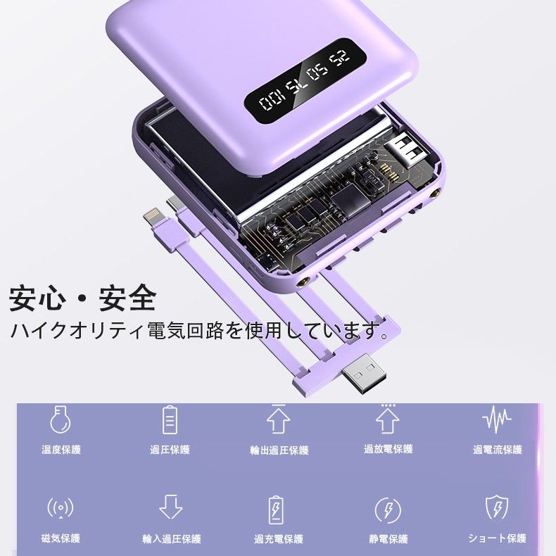 モバイルバッテリー 多機能一体型充電ケーブル LEDライト搭載 大容量 タイプc 20000mah　急速充電　PSE認証