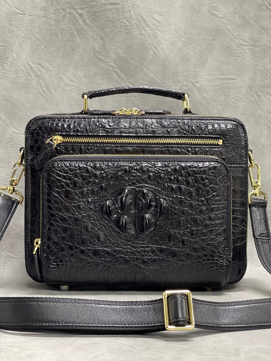 最高クロコダイル　多収納　メンズバッグ　貴重品　素敵な紳士バッグ　四角いバッグ　小箱バッグ　本物鰐革　本革バッグ　黒