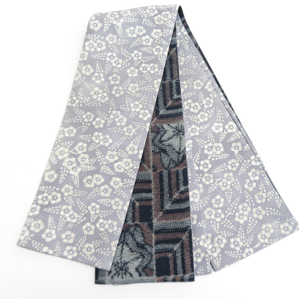 半幅帯 リバーシブル半巾帯 正絹 巾:約15.5×長さ:約382cm 紬×小紋 紺色x灰色 市松模様ｘ梅模様 細帯 小袋帯 オリジナル 美品