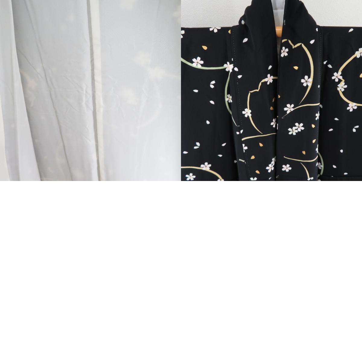 小紋 桜文様 箔 正絹 黒色 袷 広衿 カジュアル 仕立て上がり着物 身丈165cm_画像10