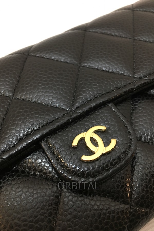 経堂) CHANEL シャネル マトラッセ クラッシック ロング フラップ ウォレット キャビアスキン ゴールド金具 AP0241 ブラック