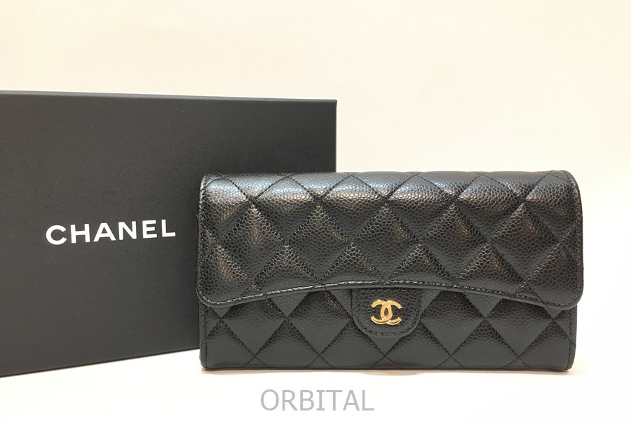 経堂) CHANEL シャネル マトラッセ クラッシック ロング フラップ ウォレット キャビアスキン ゴールド金具 AP0241 ブラック