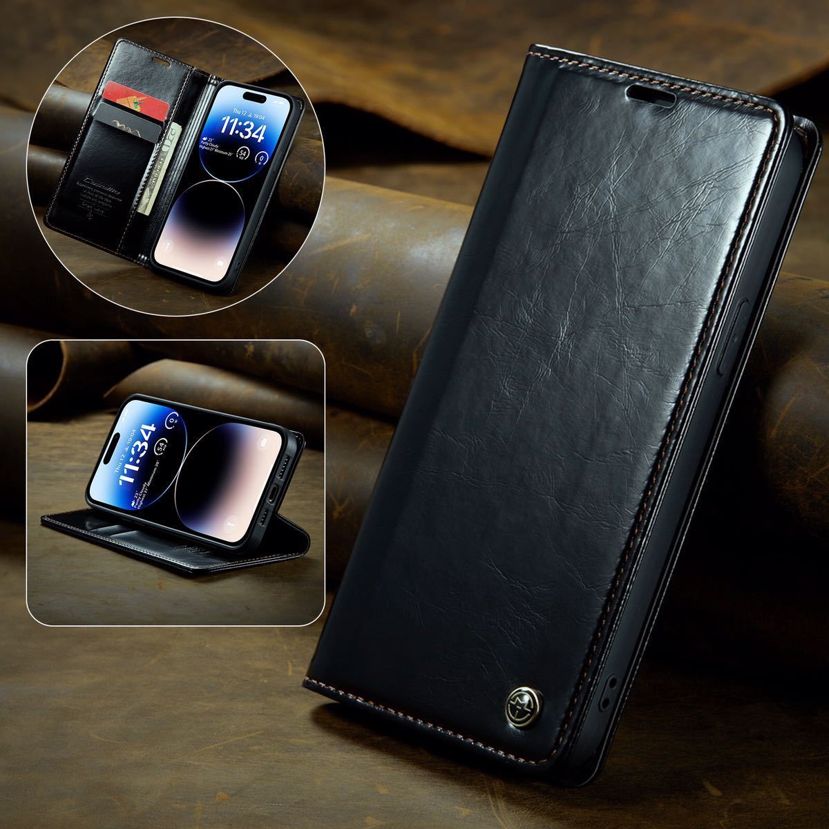 9H強化ガラスフィルム付きiPhone 15 レザーケース アイフォン15 ケース iPhone15 カバー 6.1インチ 手帳型 カード収納 ブラックの画像1