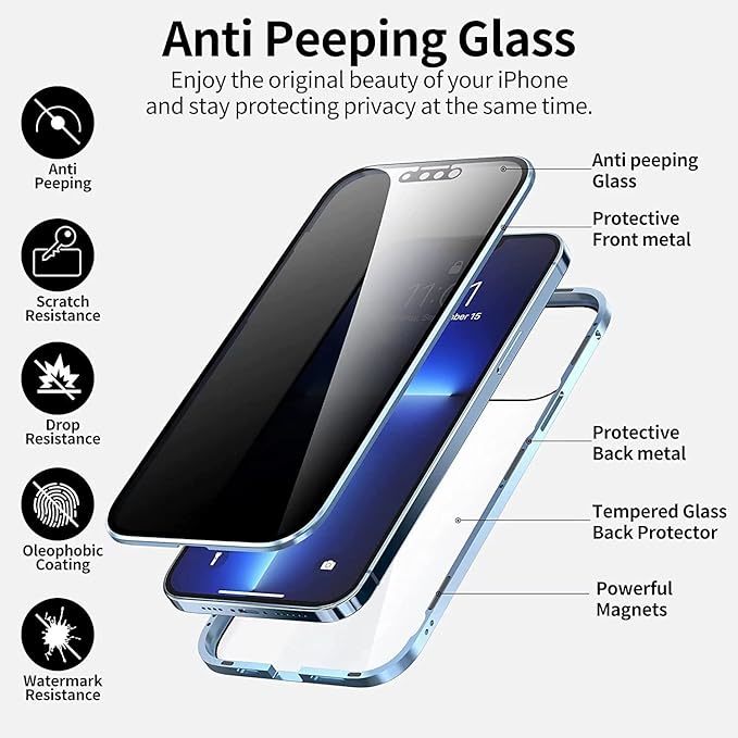 iPhone15Pro Max /iPhone15 Plus ケース アイフォン15プロマック 覗見防止 両面ガラス全面保護 アルミ バンパー ケース マグネット式 磁石 _画像2