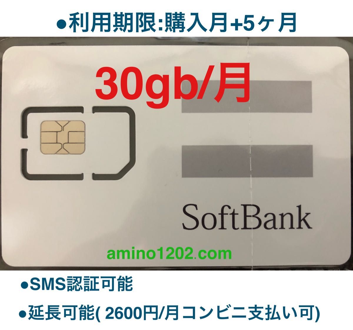SoftBank プリペイドSIMカード 毎月30GB SMS受信可 購入月+5ヶ月使用　延長可能