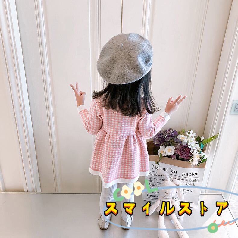 キッズワンピース　チェック柄　ニットワンピース　女の子服　ネイビー90_画像8