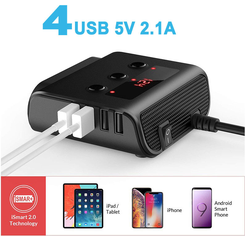 3 ream cigar socket USB 4 port in-vehicle charger sudden speed charge 12/24V correspondence 