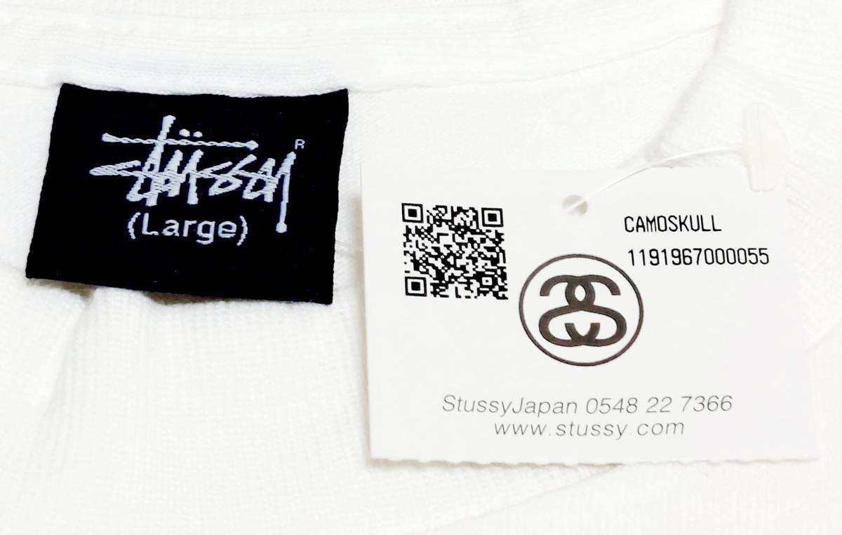 超爆レア希少！新品タグ付き！STUSSY オールドステューシー/90‘ｓ カスタメイドCUSTOMADE限定カモフラ迷彩柄ドクロTシャツ L 白 入手困難_紺タグと９０`sステューシー紙タグ