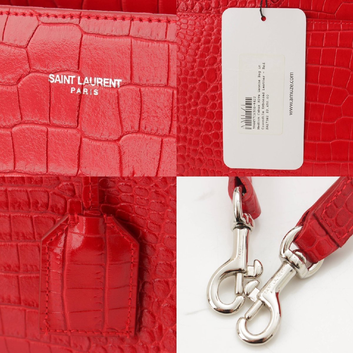 【サンローラン】SAINT LAURENT　カバ リヴゴーシュ クロコ型押しレザー 2WAY ハンドバッグ 394457 レッド 【中古】190455_画像8