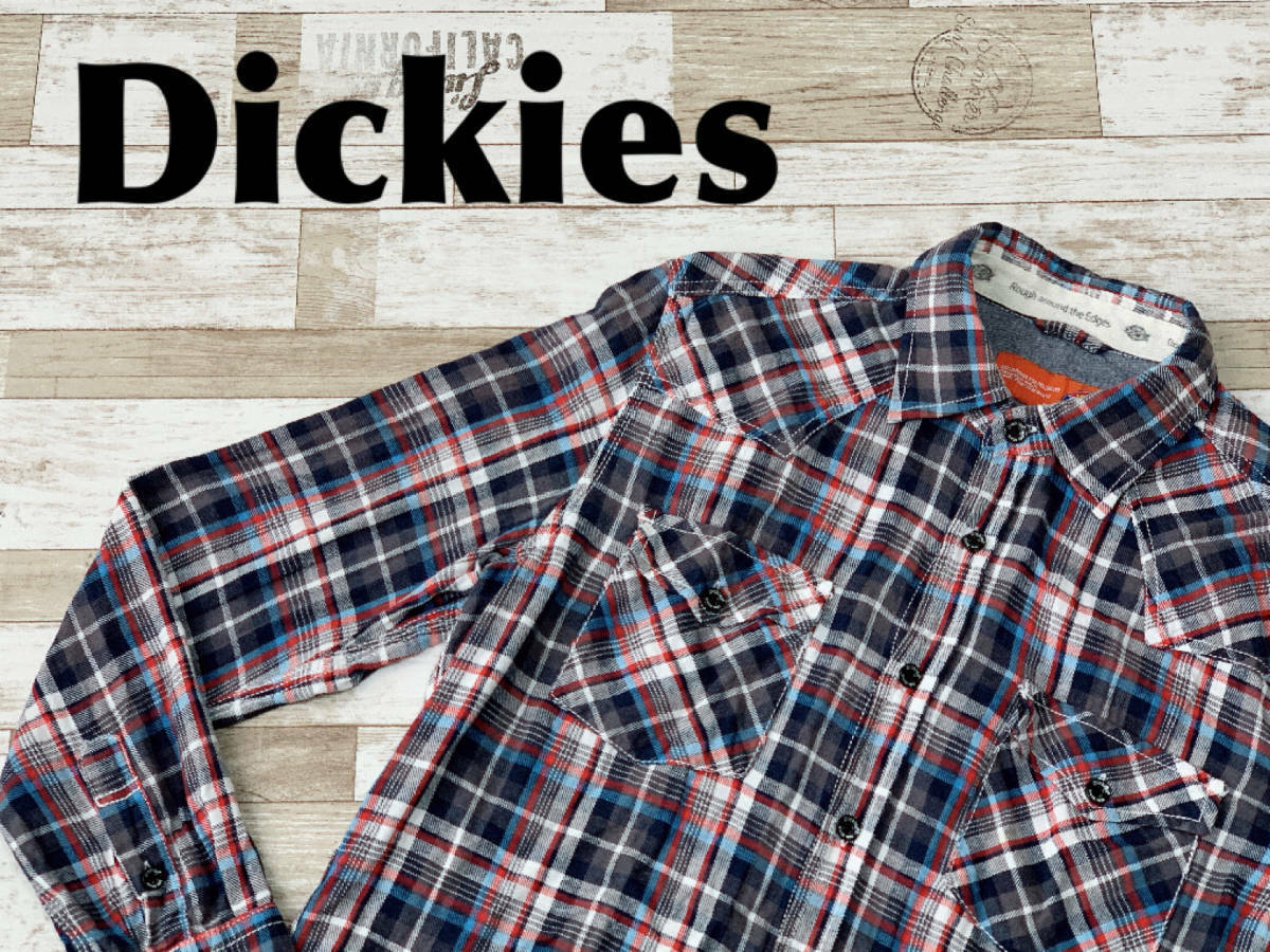 ☆送料無料☆ Dickies ディッキーズ 古着 チェック柄 ダブルポケット ウエスタン ネルシャツ メンズ M グレー トップス 中古 即決_画像1