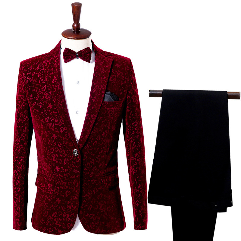  new goods fine quality 2 point set wine red bell bed material floral print suit men's suit set tuxedo outer garment trousers S~4XL musical performance . Mai pcs costume 