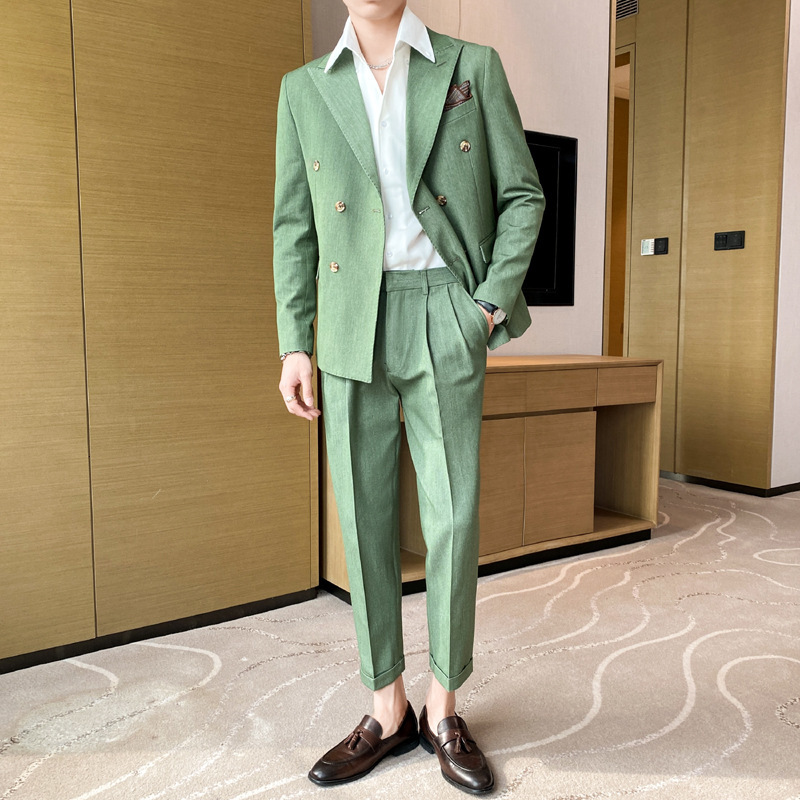 新品 スーツセット ビジネススーツ メンズ ダブルスーツ 上下セット シングルスーツ 高級 無地 スリム 二つボタン 紳士 結婚式 緑 M~3XL_画像2
