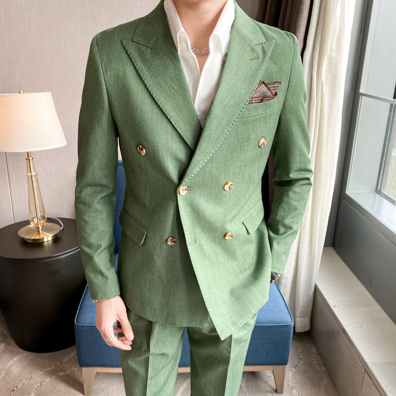 新品 スーツセット ビジネススーツ メンズ ダブルスーツ 上下セット シングルスーツ 高級 無地 スリム 二つボタン 紳士 結婚式 緑 M~3XL_画像1